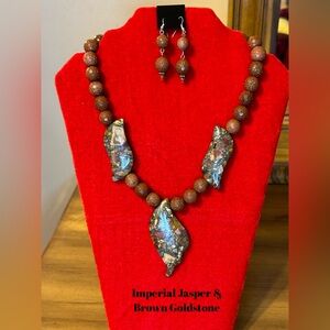 2Pc Handcrafted Gemstone Imperial Jasper & Brown Goldstone Necklace Set.